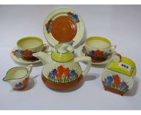 CLARICE CLIFF, "Crocus" pattern breakfast set to include Bon Jour shaped preserve pot, conical tea pot, 2 cups and saucers, t