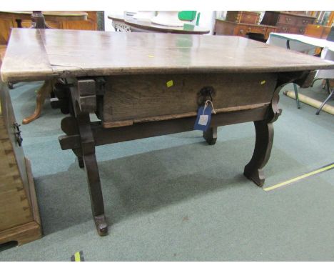 ANTIQUE OAK DOUGH TABLE, early metalwork ring drop handles and pegged stretcher base, 135cm length 