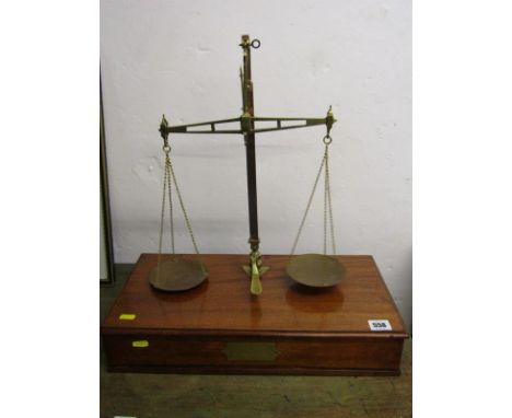 VICTORIAN BALANCE SCALES, mahogany drawer base brass balance scales by Degrave &amp; Co with 7 graduated brass pill weights 