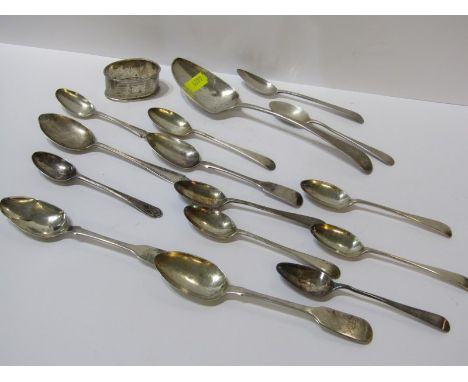 SILVER CUTLERY, collection of assorted antique and other silver spoons, together with serviette ring, total weight 255 grams 