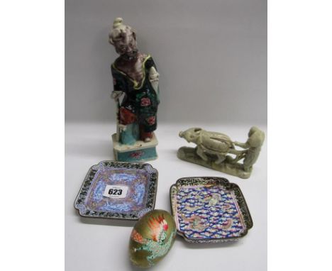 CANTON ENAMEL, 2 enamelled ash trays, also oriental carved soapstone group, "farmer with water buffalo", ceramic figures of D
