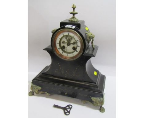 VICTORIAN BLACK MARBLE MANTEL CLOCK, open brocot escapement with wild cat mask side handles and brass claw feet; 35cm height 