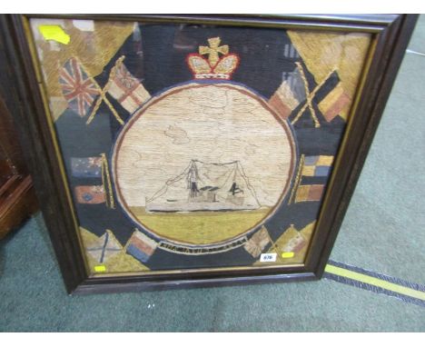 MARITIME, coloured woolwork ship portrait "HMS Indomitable", 42cm square 