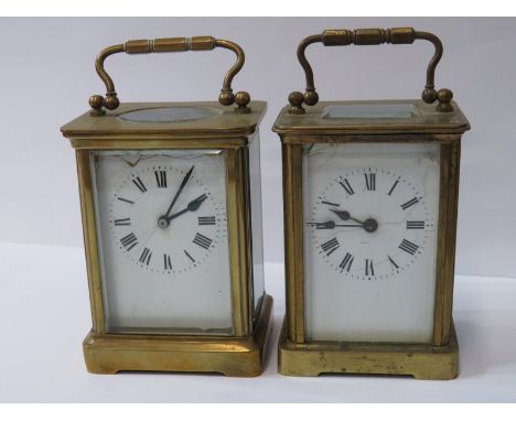 CARRIAGE CLOCKS, 2 brass cased carriage clocks, both with damaged enamel faces and with keys, 11cm height 