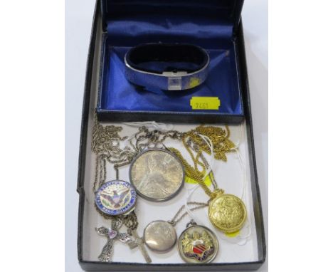 SILVER JEWELLERY, silver crosses on chains, coin set pendants, silver lockets, Tissot box wrist watch, etc 