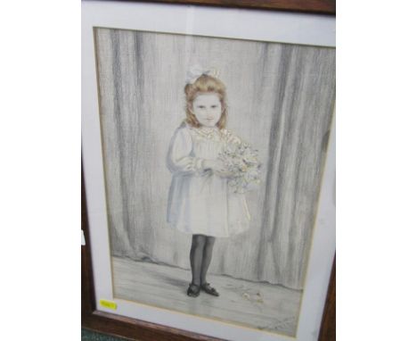 DORA WEBB, signed watercolour dated 1921, "Full length portrait of Little Girl holding a bouquet of daisies", 34cm x 23cm 
