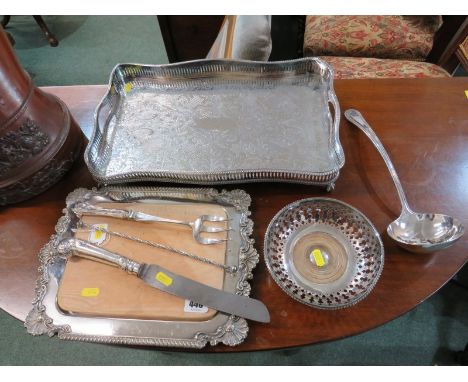 PLATED WARE, bread board in ornate plated surround, tipping handle plated tray, decanter coaster, ladle, etc 