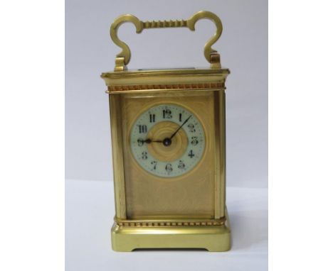 EDWARDIAN CARRIAGE CLOCK with engraved face panel, 12cm height 
