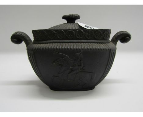 DUKE OF WELLINGTON, black basalt lidded and twin handled sucrier, 11.5cm height 