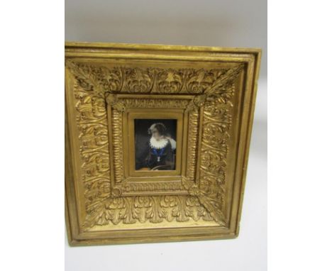 ANTIQUE MINIATURE PORTRAIT, "Mary Queen of Scots" in heavy gilt frame 