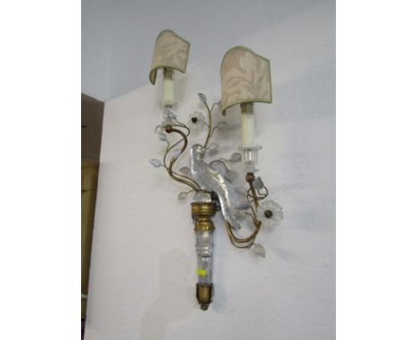 VINTAGE LIGHTING, pair of bird decorated, gilded and glass light fittings, 56cm height 