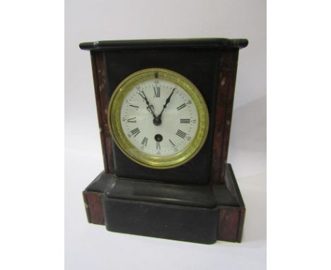 ANTIQUE BLACK MARBLE MANTEL CLOCK, inlaid side column, 23cm height 