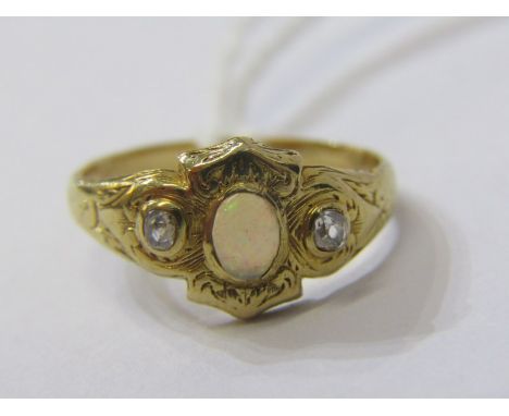 VINTAGE HIGH CARAT, tests 18ct opal and diamond ring, principal oval cut opal with old cut diamond to each shoulder, size K 