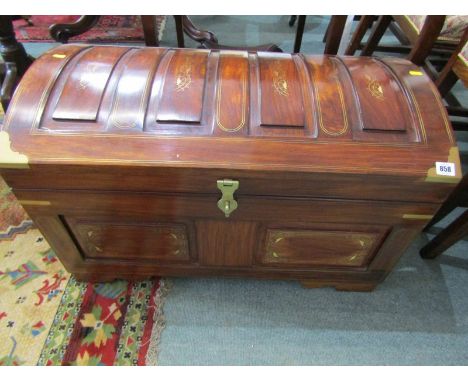 ATTRACTIVE BRASS INLAID DOMED TRUNK, brass inset corners, carrying handles and fitted interior, 78cm width 