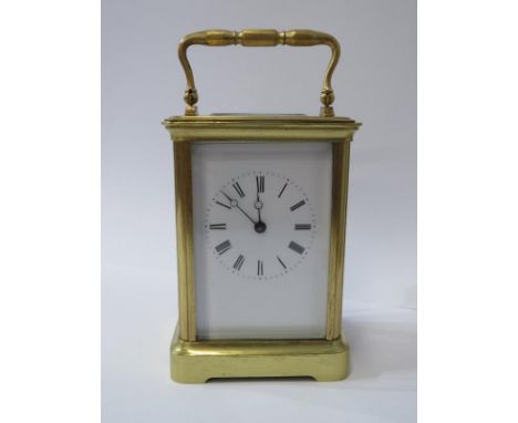 CARRIAGE CLOCK, brass cased bell strike carriage clock, bevel glass panels, 14cm height 