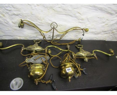 LIGHTING, pair of brass twin branch weighted ceiling lights and 1 other 