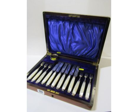 VICTORIAN CASED FRUIT EATERS, set of 6 pairs of mother-of-pearl handled and silver bladed fish eaters, Sheffield 1886; togeth