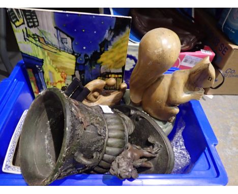 Mixed ceramics including a Chinese planter with carved wood squirrels and tubeline decorated tiles. Not available for in-hous