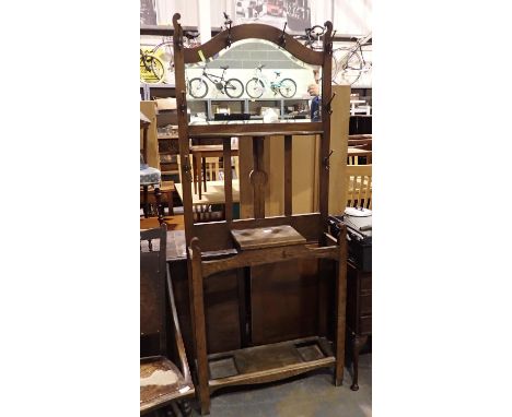 Oak mirror back coat and stick stand with glove box and drip tray, H: 190 cm. Not available for in-house P&amp;P 
