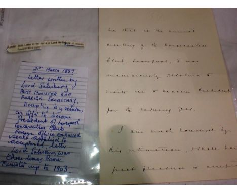 21st March 1889 letter from Lord Salisbury accepting the Presidency of the Liverpool Conservative Club with Foreign Office st