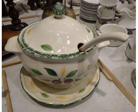 Ceramic tureen with ladle and plate, H: 20 cm. P&amp;P Group 3 (£25+VAT for the first lot and £5+VAT for subsequent lots) 
