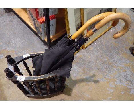 Wooden stick stand and two umbrellas, stand 35 x 17 x 50 cm H. Not available for in-house P&amp;P 