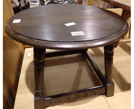 Oak circular lamp table in the Priory style, D: 51 cm, H: 37 cm. Not available for in-house P&amp;P 