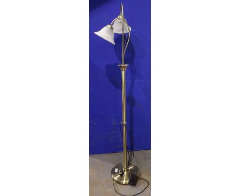 Brass twinlight floor lamp with two frosted glass shades, overall H: 158 cm. All electrical items in this lot have been PAT t