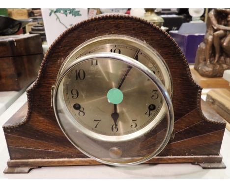 Oak cased mantle clock with Westminster chime. Not available for in-house P&amp;P 