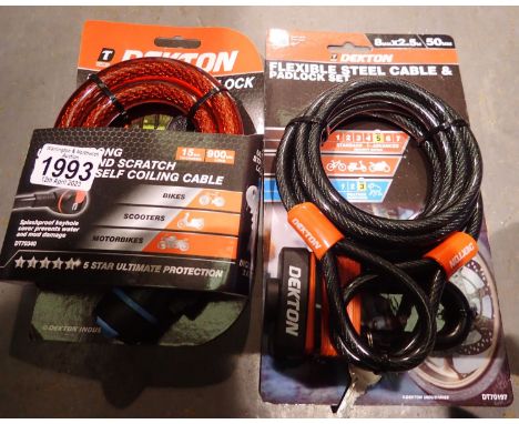 New and unused 8 mm x 2.5 m flexible steel cable and 50 mm padlock (2). P&amp;P Group 1 (£14+VAT for the first lot and £1+VAT