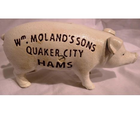 Cast iron W. Molands and Sons Quaker City Hams piggy bank, L: 20 cm. P&amp;P Group 1 (£14+VAT for the first lot and £1+VAT fo