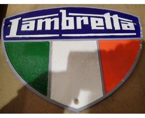 Cast iron Lambretta plaque, W: 30 cm. P&amp;P Group 1 (£14+VAT for the first lot and £1+VAT for subsequent lots) 