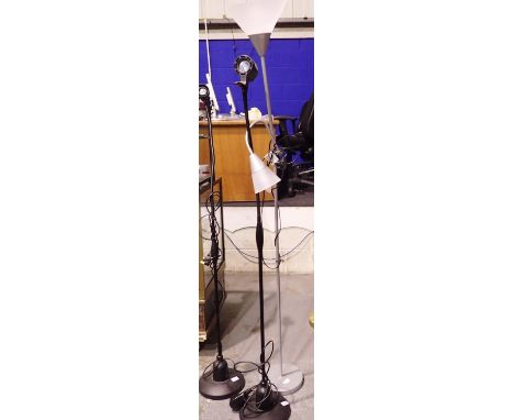 Metal standard lamp with adjustable swivel head and LED bulb, and two further standard lamps. Not available for in-house P&am