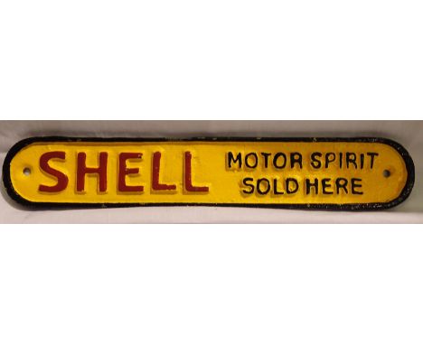 Cast iron Shell Sold Here plaque, W: 25 cm. P&amp;P Group 1 (£14+VAT for the first lot and £1+VAT for subsequent lots) 