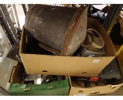 Three boxes of mixed tools including saws and files, toolbox with mixed tool contents and a coal bucket. Not available for in