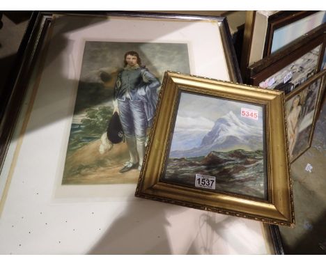 Early 20th century watercolour, mountainous landscape, 19 x 21 cm, with a signed engraving and a W Heaton-Cooper print (3). N
