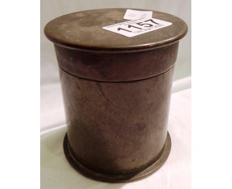Brass tobacco jar made from two shell cases, H: 10 cm, crack to jar floral decoration has worn down. P&amp;P Group 1 (£14+VAT
