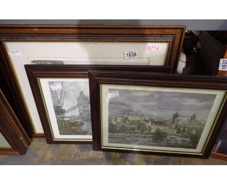 Pair of prints of London bridges and a cottage garden print, largest 49 x 40 cm. Not available for in-house P&amp;P 