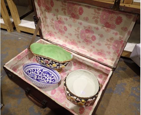 Vintage suitcase containing ceramics. Not available for in-house P&amp;P 