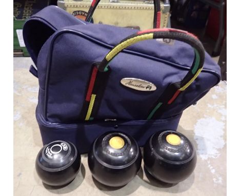Set of vintage bowls, bag and jack. Not available for in-house P&amp;P 