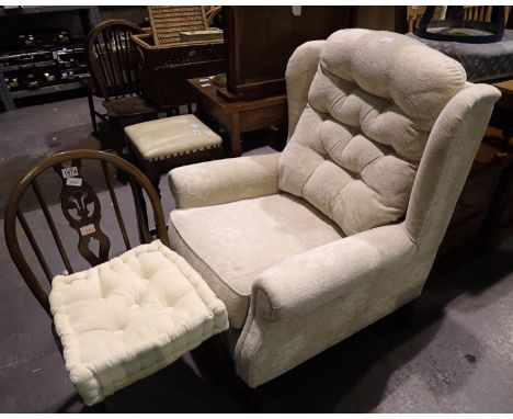 Ercol dark elm chair with Fleur De Lys back rail. Not available for in-house P&amp;P 