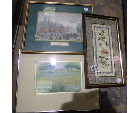 Two framed embroideries and a small Lowry print (3). Not available for in-house P&amp;P 
