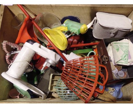 Box of mixed vintage childrens toys including a playhouse and dolls utensils. Not available for in-house P&amp;P 