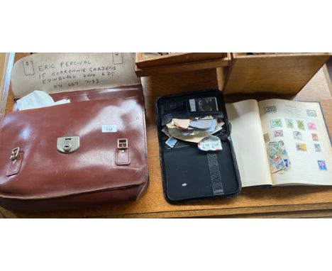 A Collection of world Stamps album includes Australia, New Zealand, Great Britain, Spain,  Vintage leather bag full of loose 