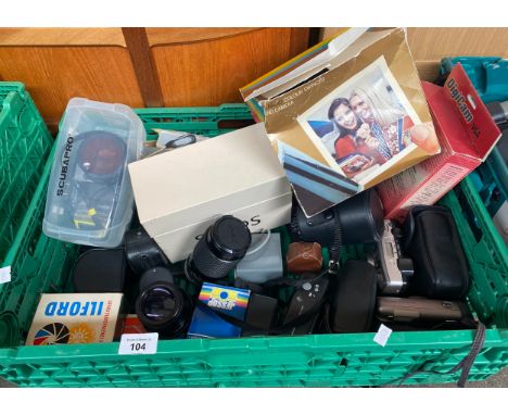 A Large box of various camera equipment to include scuba pro cyber shot camera, canon lense, polaroid camera etc 