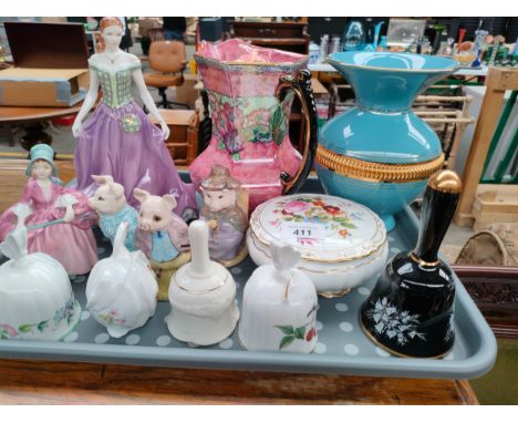 A tray of collectables to include maling pink thumb print jug, royal Worcester figure heather, royal Albert Beatrix potter fi