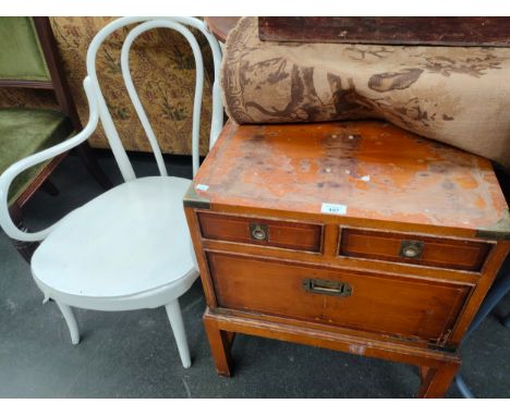 Vintage bentwood painted white arm chair together with small campaign unit 
