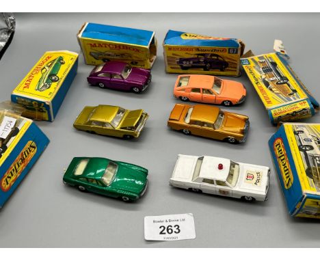 A Lot of 6 original/ vintage Matchbox superfast and series car models. Includes New 55 Police car, New 46 Mercedes 300 SE, Vo