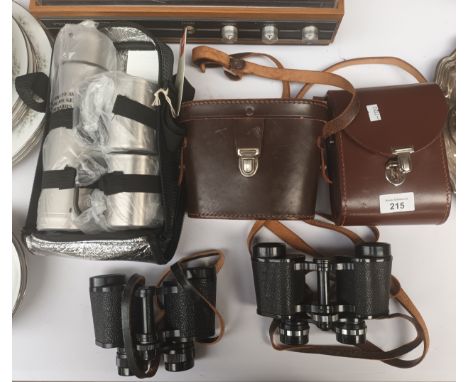 Pair of Carl Zeiss 8x30 binoculars, Lizars Octalux binoculars with leather cases together with flask set 