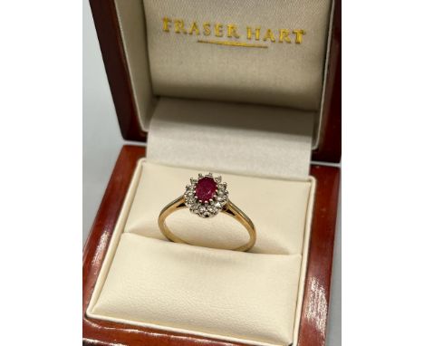 9ct yellow gold ladies Ruby and diamond cluster ring. 0.15ct diamonds. [Ring size R] [2.36Grams] 